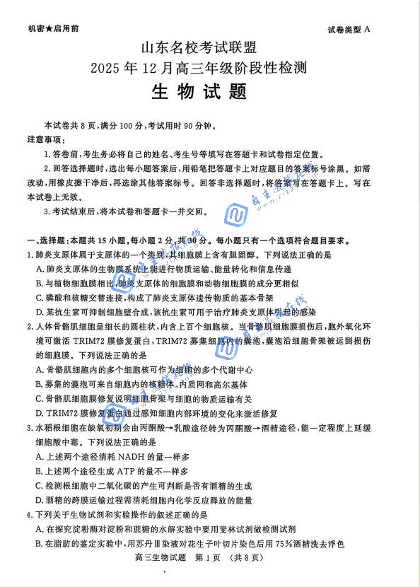 山东名校考试联盟2026届高三大联考生物试题及答案