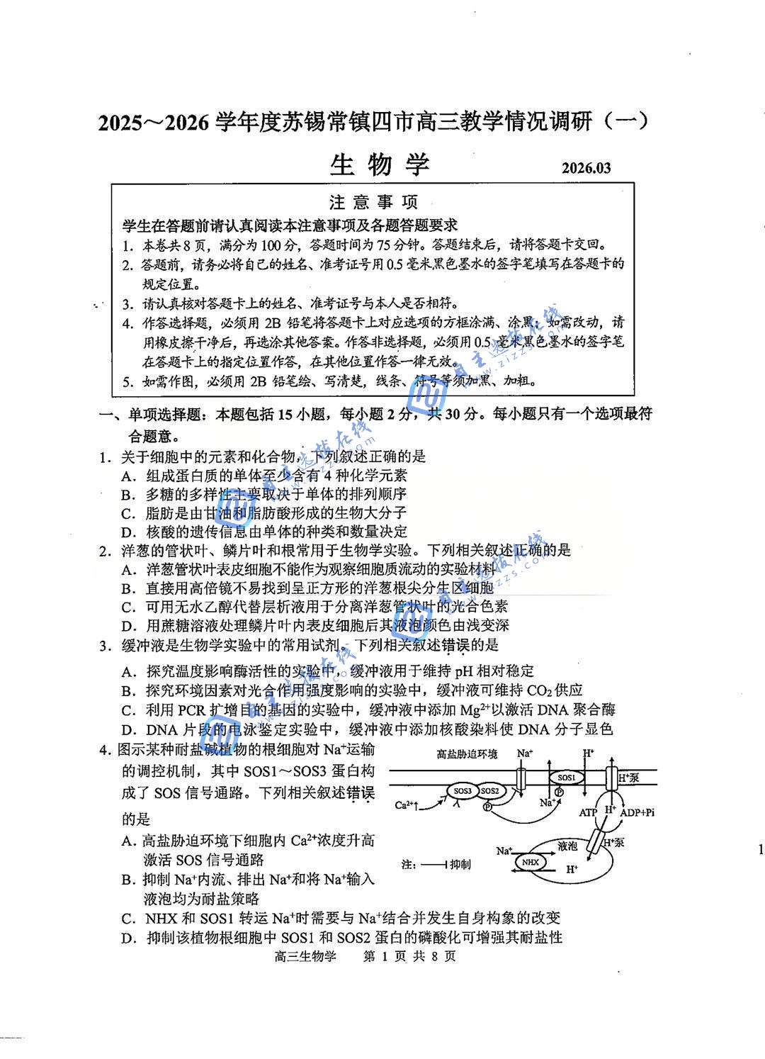 2026届高三苏锡常镇一模生物试题及答案