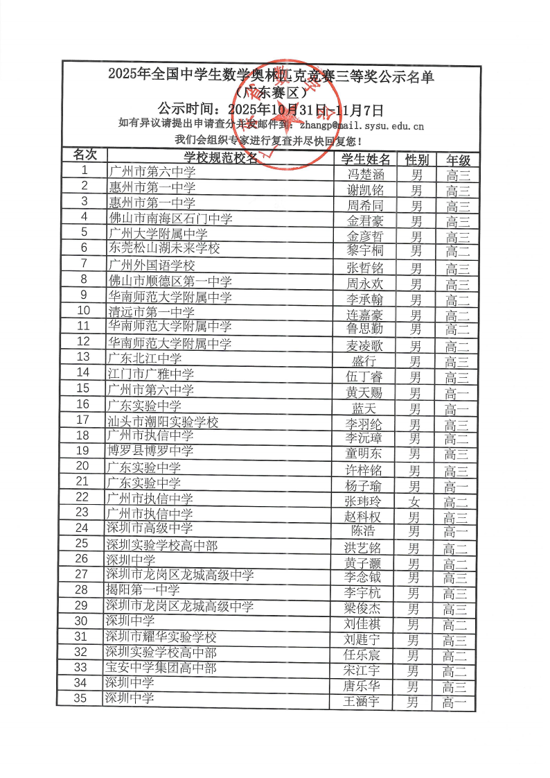 广东省2025年第41届全国高中数学联赛省三获奖名单
