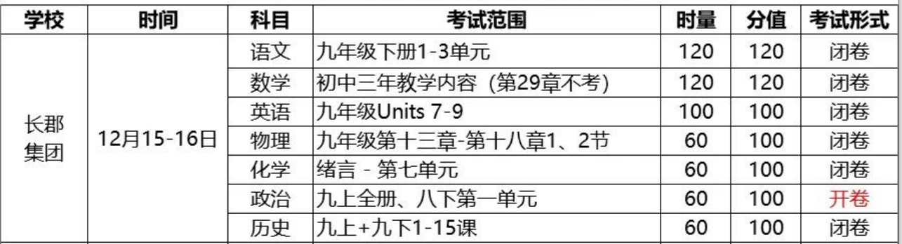 长郡中学2025~2026年初三第三次月考安排